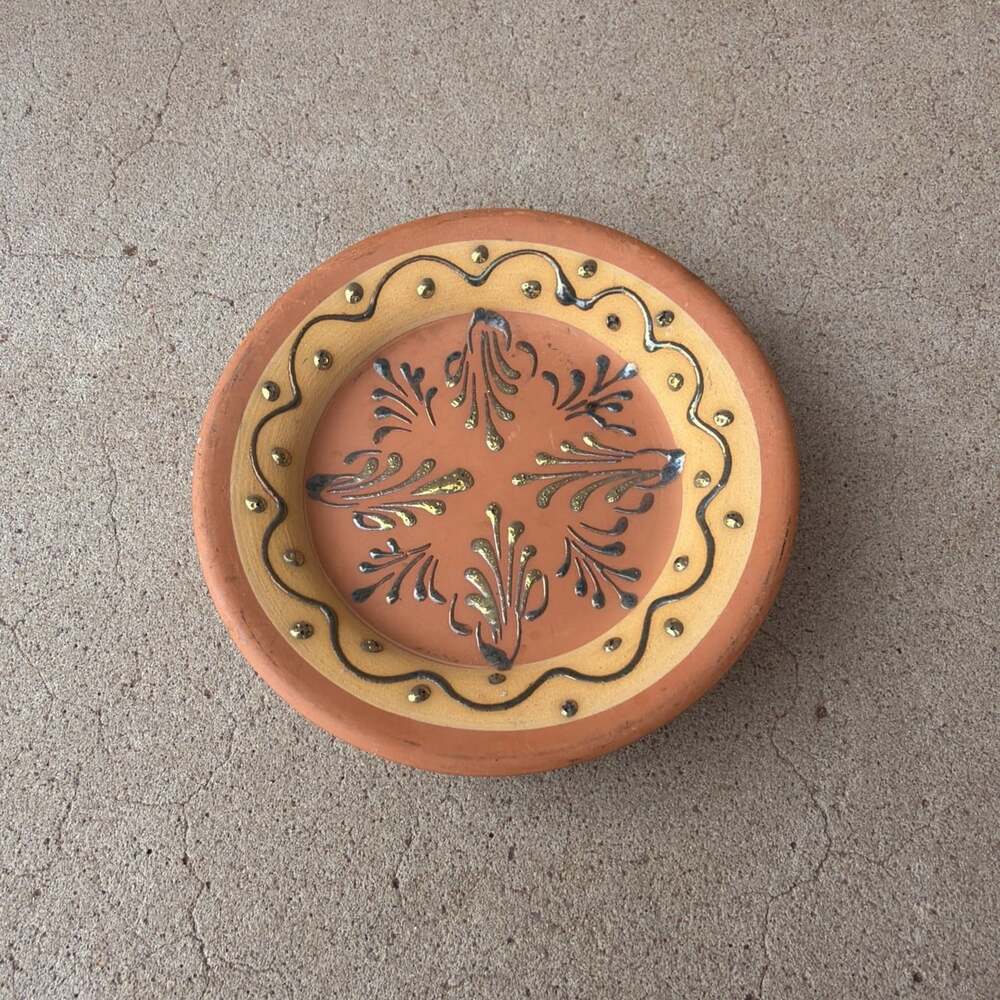 Vintage Hand Painted Terra Cotta Folk Art Trinket Dish Wall Plate Rustic Pottery